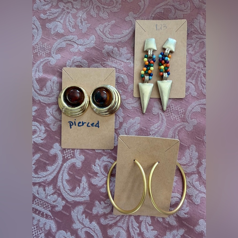 Gold Hoop Earrings + Gold Tortoise Clip-Ons + Multicolor Beaded Spike Dangles